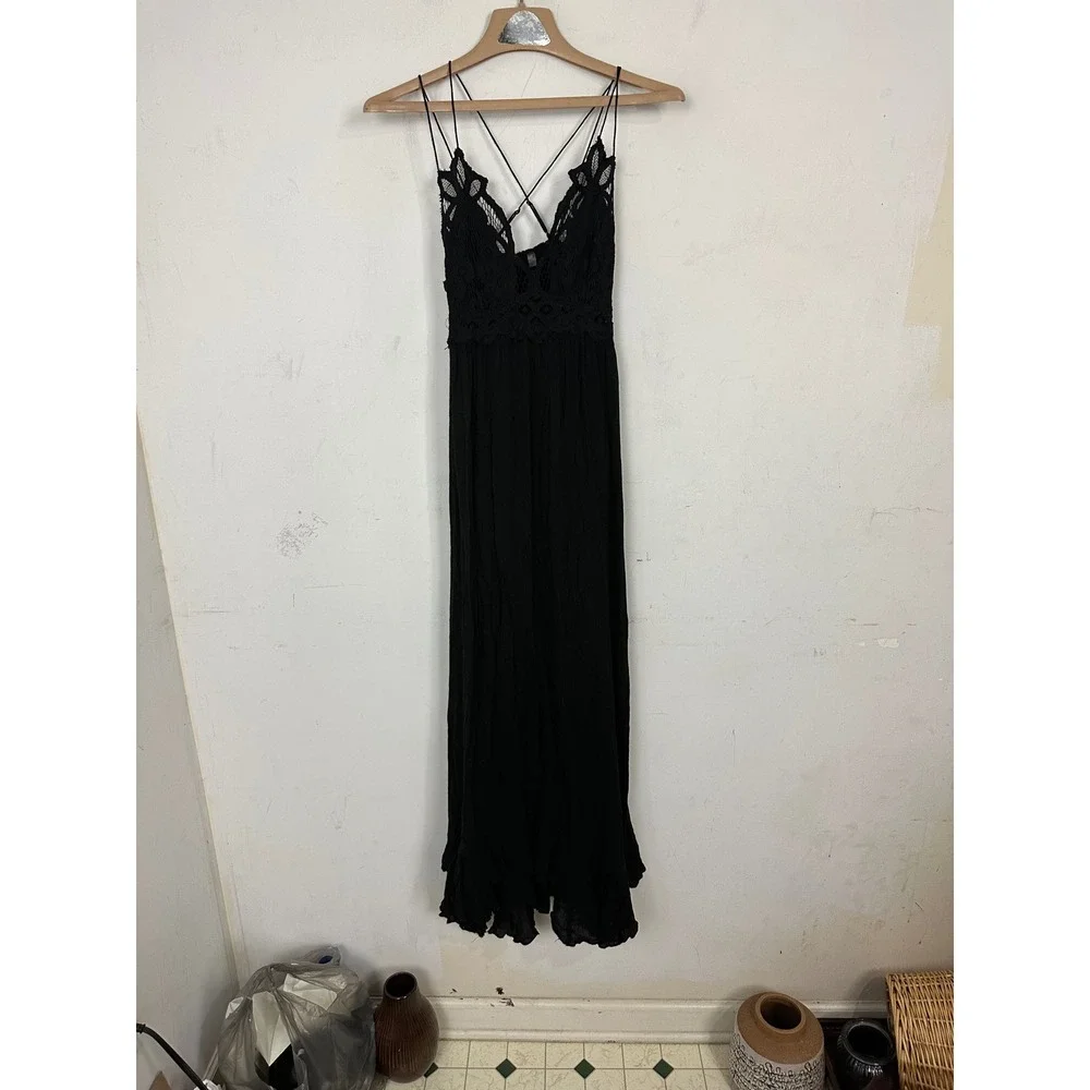 Free People FP One Adella Black Crochet Lace Boho Ruffle Maxi Dress XS